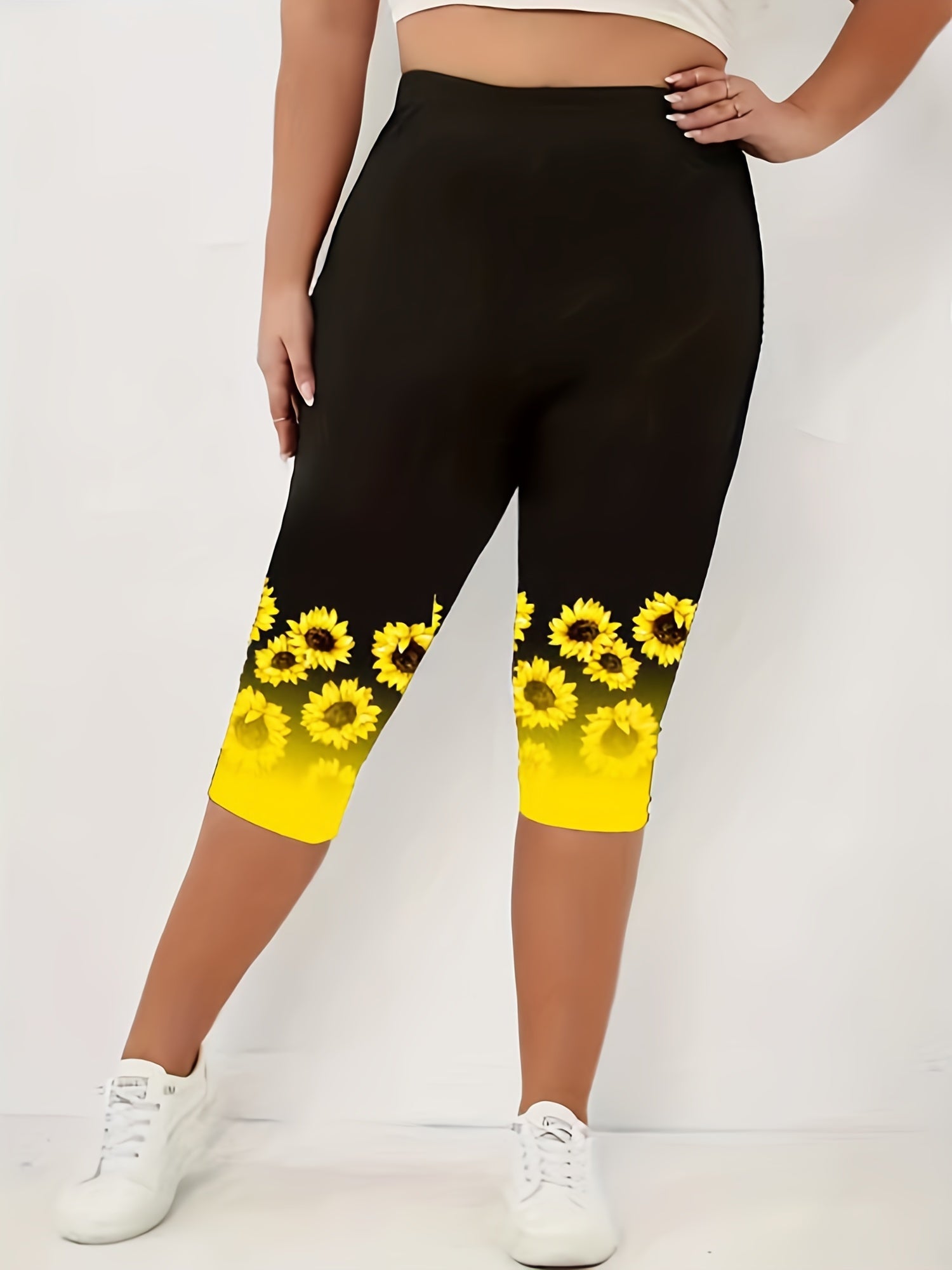 Sunflower Print Skinny Capris Leggings for Women