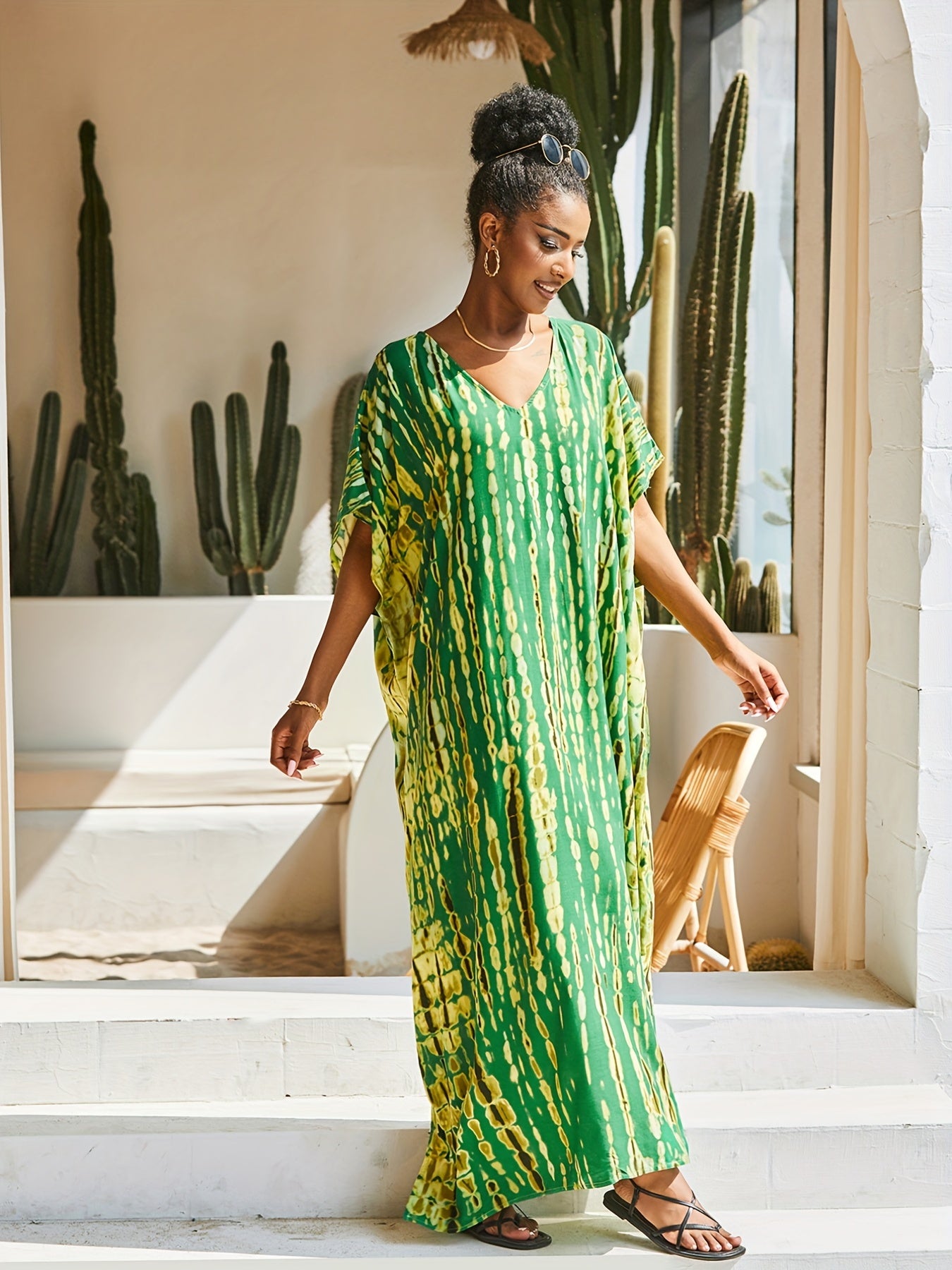 Tie Dye Striped V Neck Bat Sleeve Beach Cover Up Dress