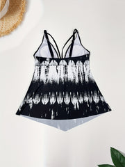 Geometric Print Tankini Set Cut Out Strappy Cami Top & Panty Swimsuit