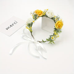 Artificial Rose Bridal Headband with Floral Wreath - Yellow Roses and Sunflowers