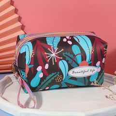 Flower Print Makeup Bag Large Capacity Travel Toiletry Bag with Wrist Strap