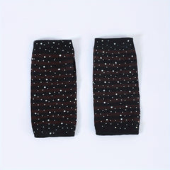 Striped Knitted Short Gloves with Rhinestone Decor