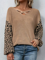 Colorblock Leopard Print Lantern Sleeve Sweater