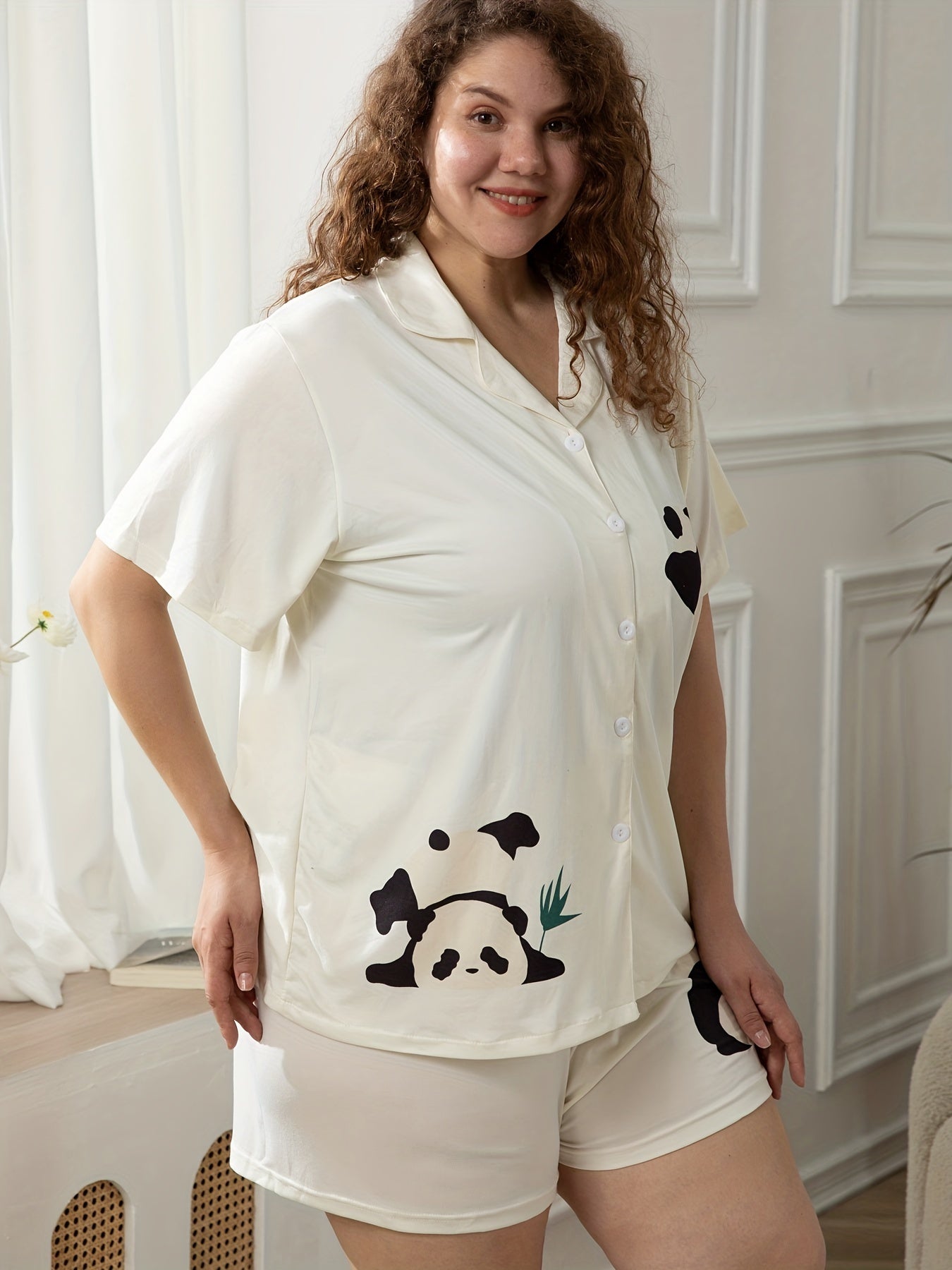 Plus Size Panda Print Short Sleeve Pajama Set - 2 Piece
