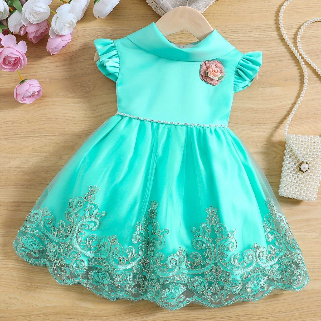 Baby Girl's Puffy Mesh Dress With Flower Princess Dress