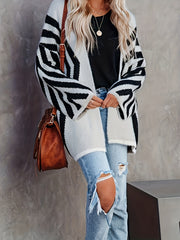 Casual Cardigan Women's Plus Stripe Print Long Sleeve Open Front