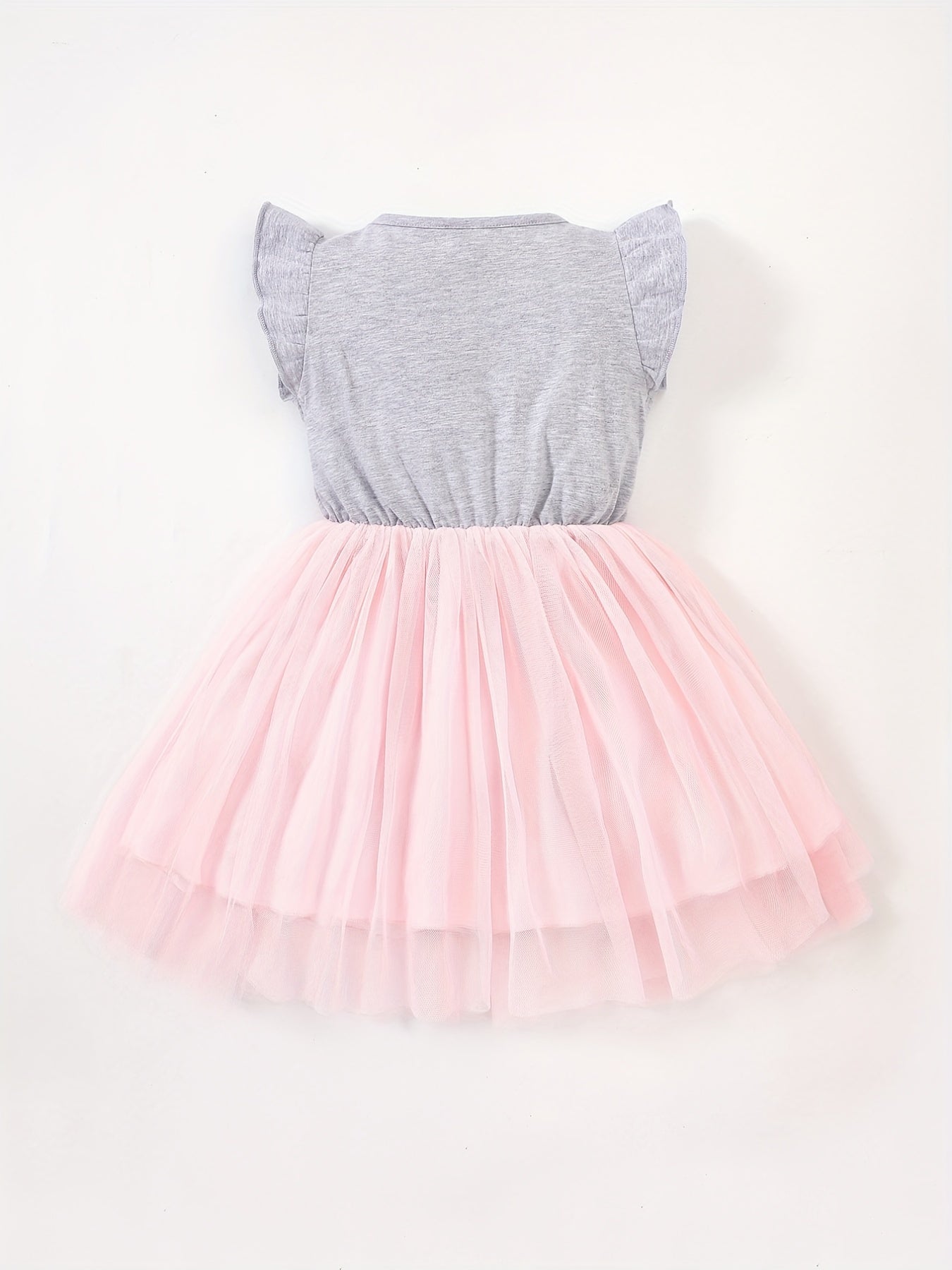 Girls Ruffled Sleeves Sequin Rainbow Patchwork Mesh Princess Dress