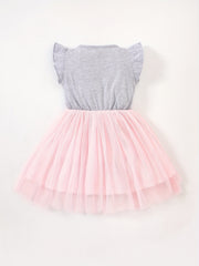Girls Ruffled Sleeves Sequin Rainbow Patchwork Mesh Princess Dress