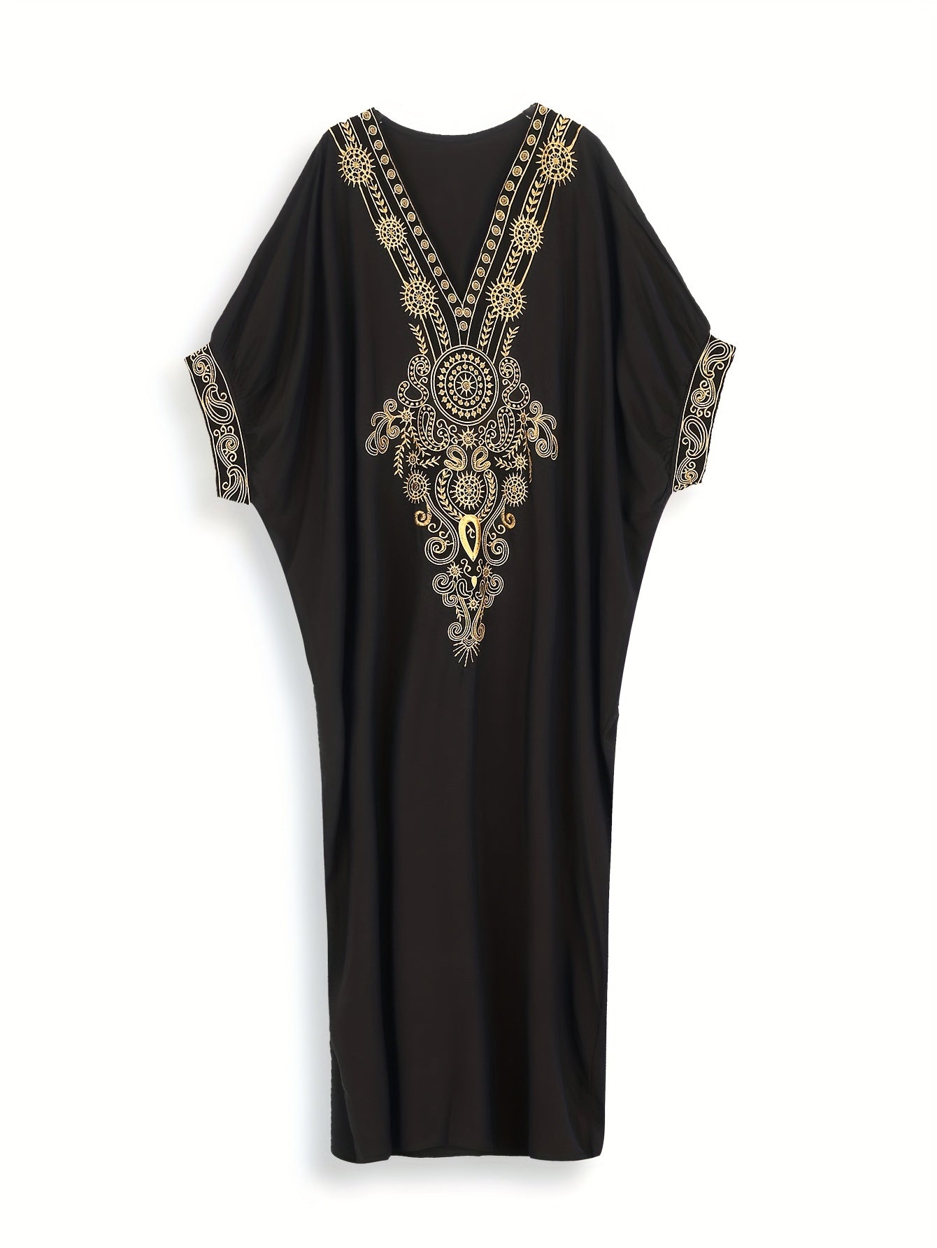 Boho Kaftan Dress Women's Plus Golden Embroidered V Neck