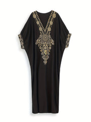 Boho Kaftan Dress Women's Plus Golden Embroidered V Neck