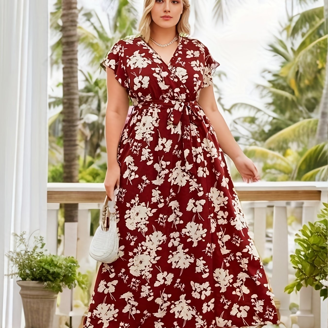 Boho Dress Women's Plus Floral Print Cap Sleeve Maxi Dress