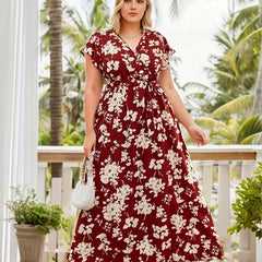 Boho Dress Women's Plus Floral Print Cap Sleeve Maxi Dress