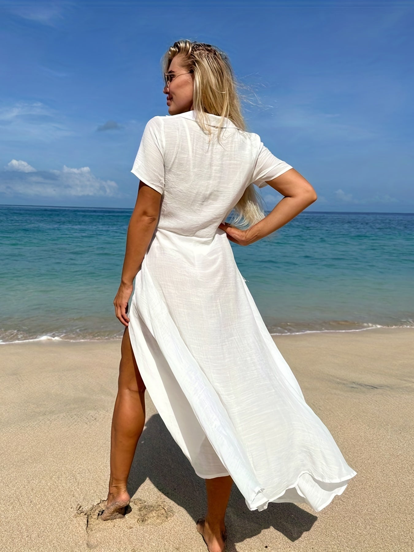 Tie Side Surplice V Neck Short Sleeve Cover Up Dress Solid Boho Maxi