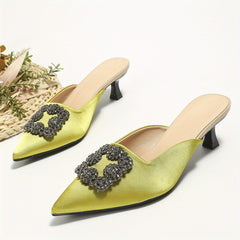Satin Kitten Heels Rhinestone Slingback Sandals