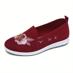 Women's Floral Embroidery Slip-On Flats Breathable Knitted Shoes