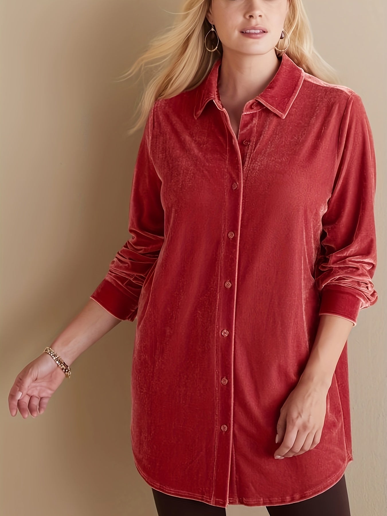 Velvet Long Sleeve Button Up Plus Size Blouse
