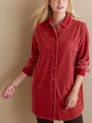 Velvet Long Sleeve Button Up Plus Size Blouse