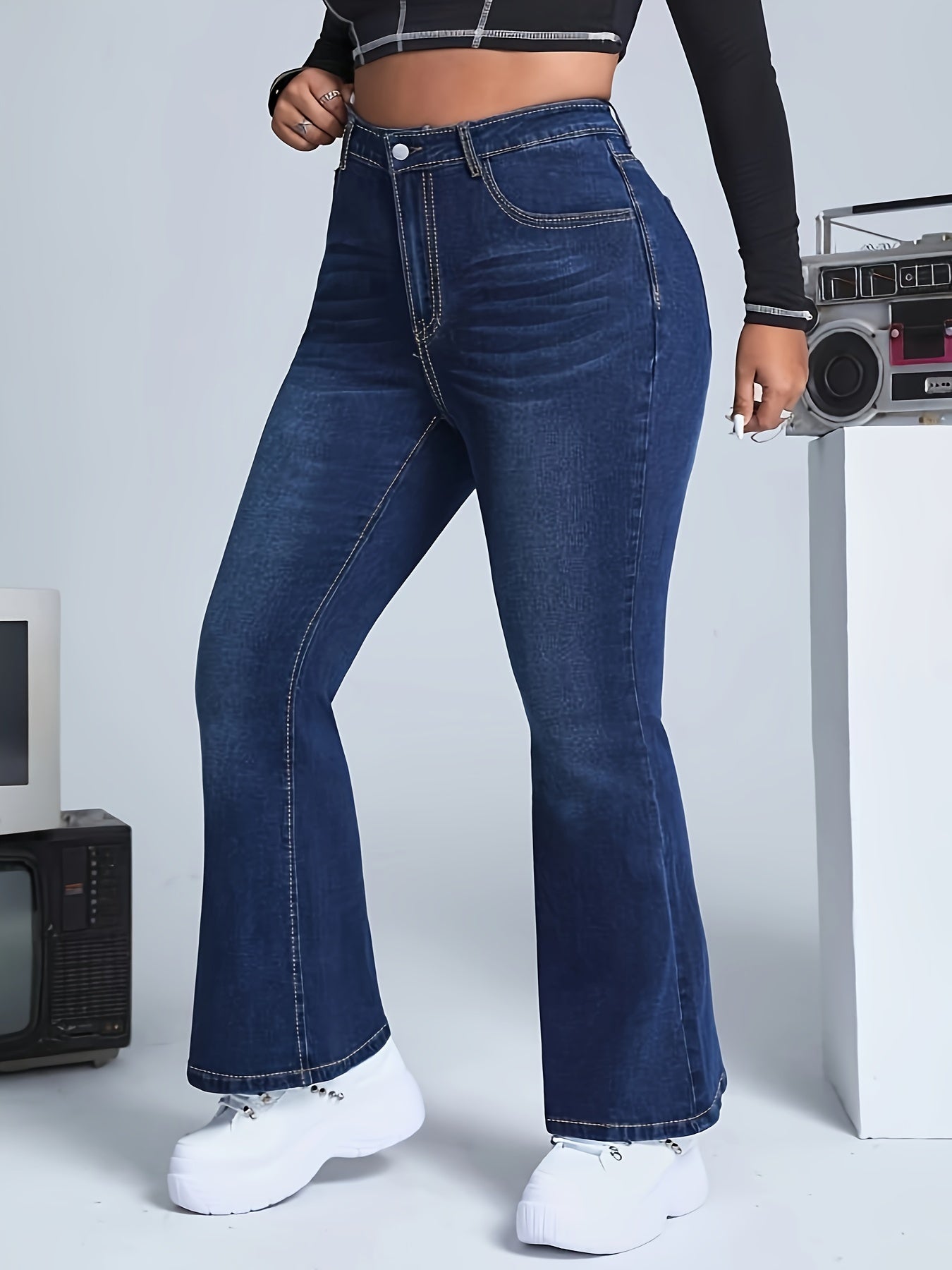 Button Fly High Rise Flared Leg Jeans