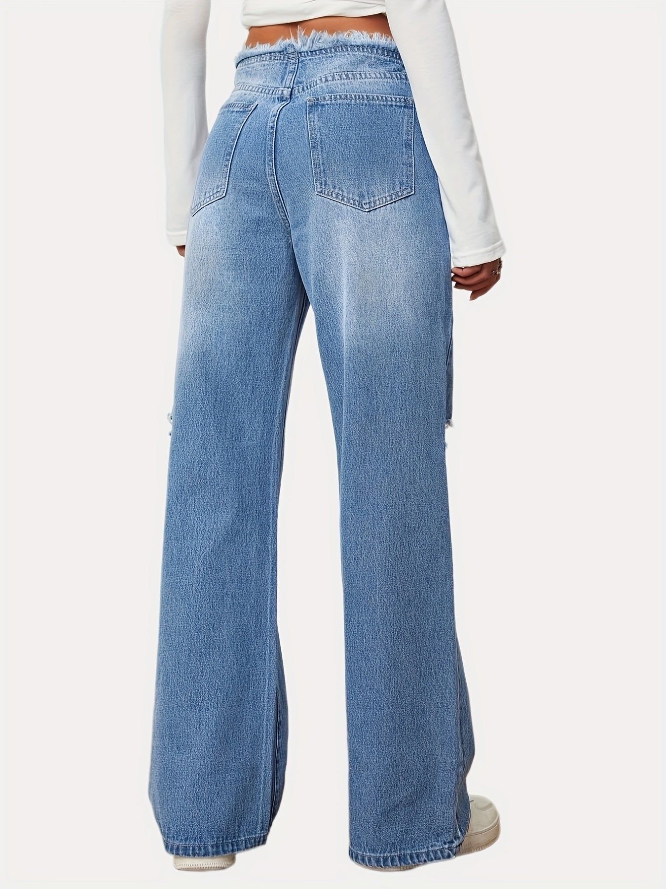 Raw Trim Distressed Denim Straight Leg Pants Women's Jeans