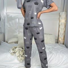 Crown Print Pajama Set Short Sleeve Crew Neck Top Elastic Waistband Pants