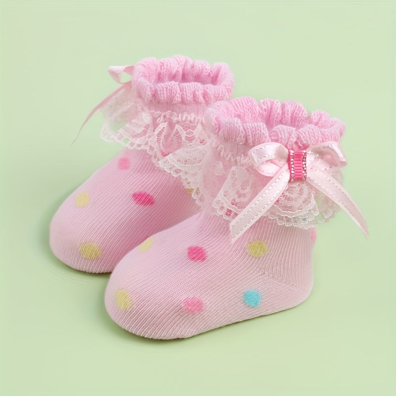 3 Pairs Baby Girls Lace Ruffled Socks Bowknot Decoration