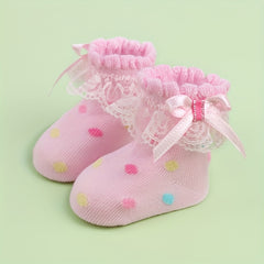 3 Pairs Baby Girls Lace Ruffled Socks Bowknot Decoration