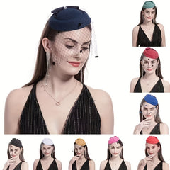 Bowknot Decor Fascinator Hats With Veil Pillbox Hat Velvet Hair Clip