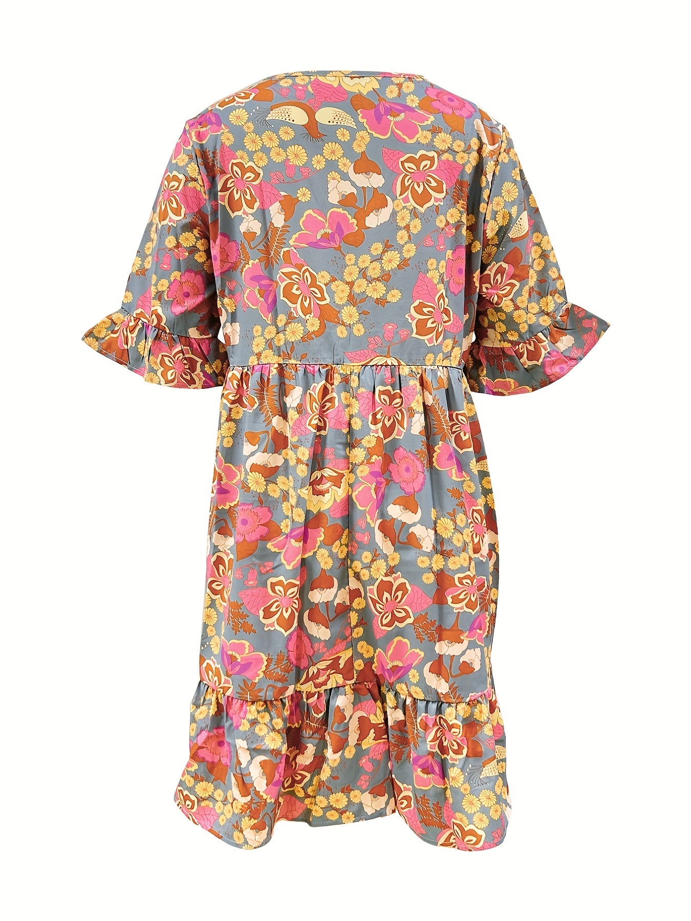 Floral Print Ruffle Trim V Neck Plus Size Boho Dress
