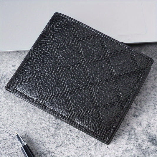 Men's Leather Short Wallet with Money Clip Argyle Pattern