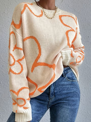 Flower Pattern Knitted Pullover Sweater Crew Neck Long Sleeve for Fall & Winter