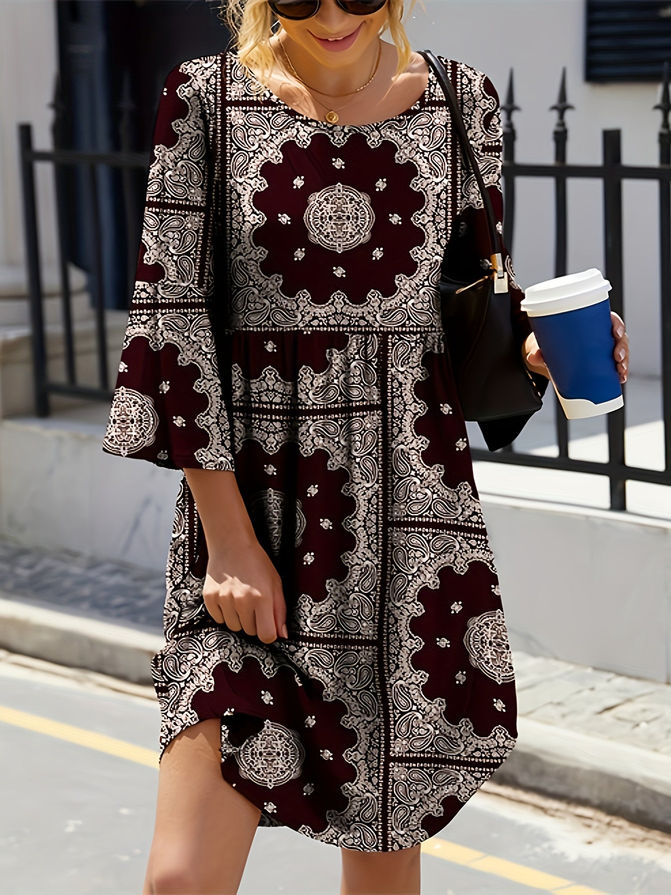 Boho Dress Women's Plus Paisley Print Bell Sleeve