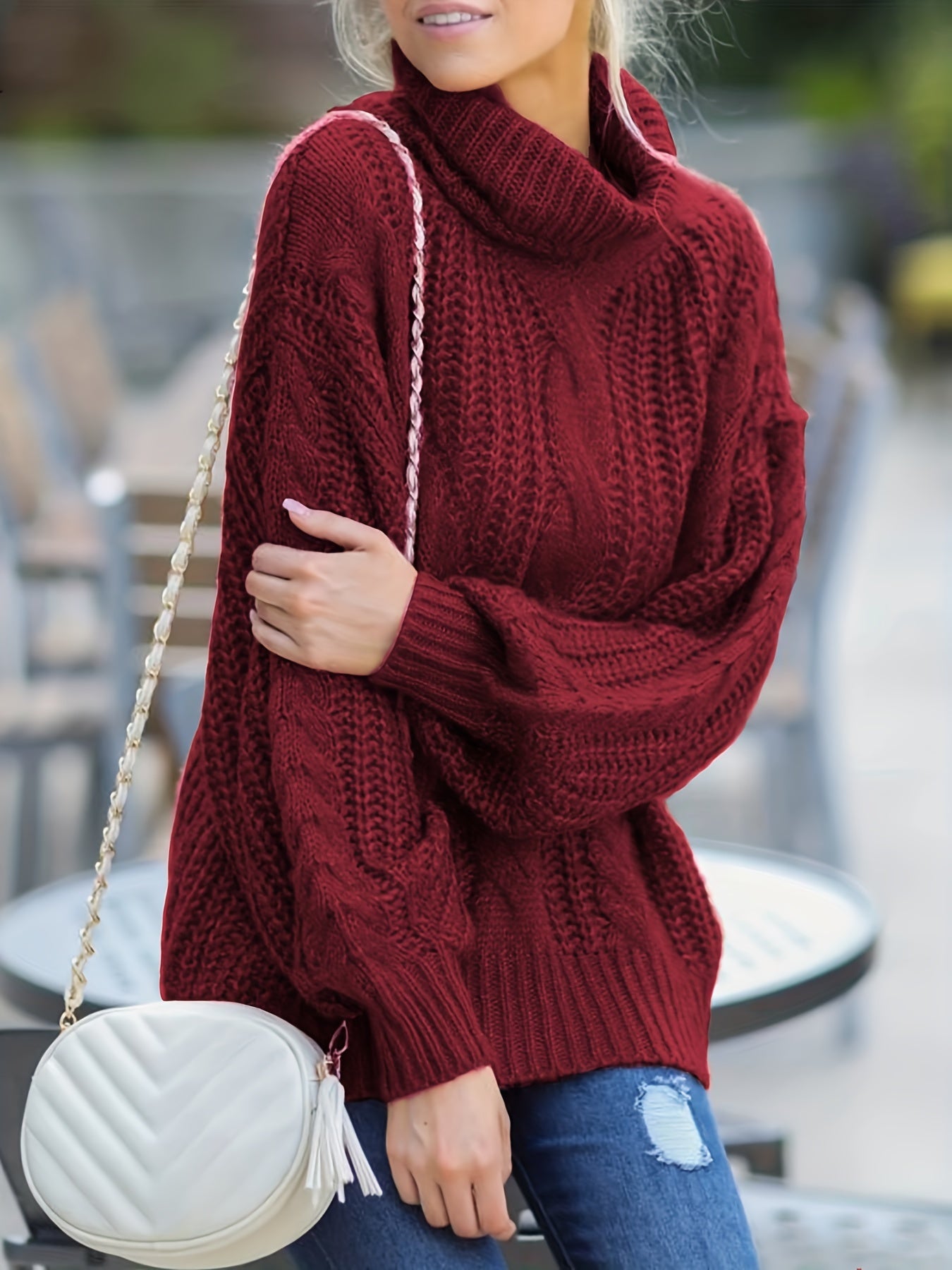 Solid Cable Lantern Sleeve Turtle Neck Sweater