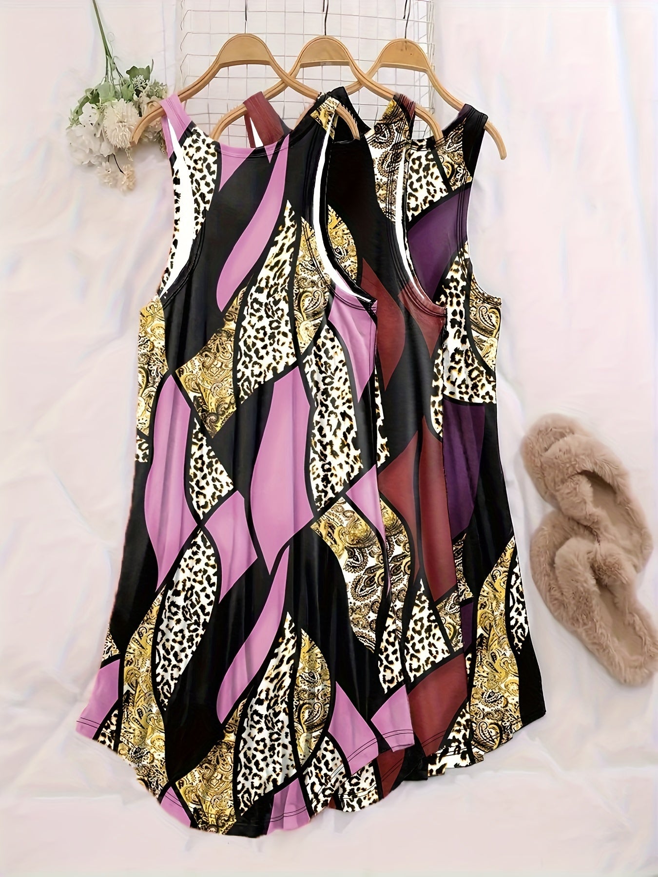 3 PC Plus Size Retro Loungewear Dress Set Leopard & Paisley Print