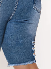 Casual Denim Shorts Women's Plus Washed Ripped Button Fly Fringe Trim