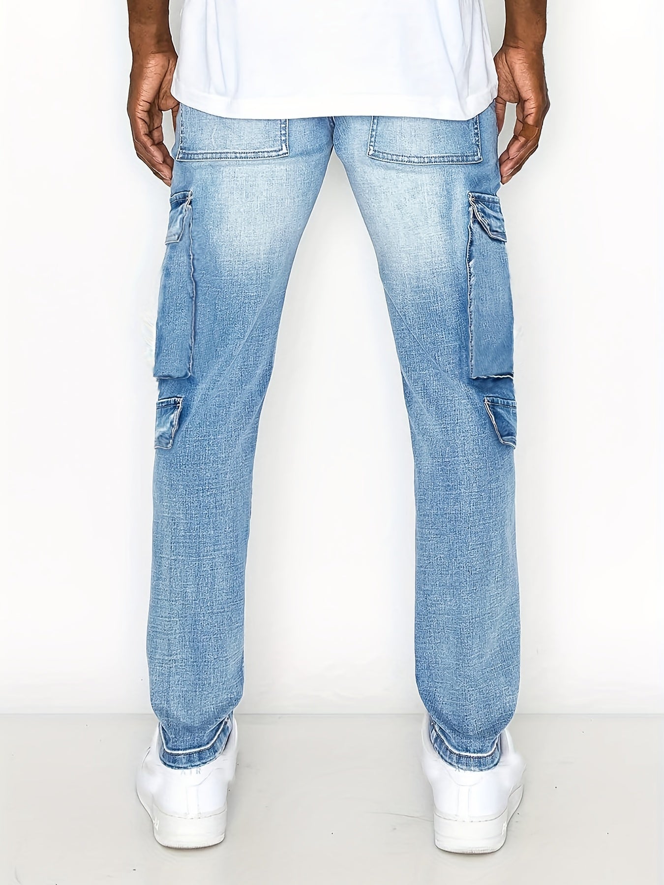 Mens Slim Fit Cargo Jeans Distressed Medium Stretch Denim Pants