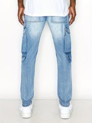Mens Slim Fit Cargo Jeans Distressed Medium Stretch Denim Pants