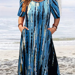 Allover Print Short Sleeve Round Neck Casual Dress With Pockets