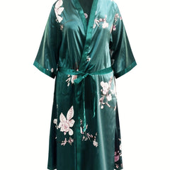 Floral Print Satin Robe With Belt Plus Loungewear Nightgown