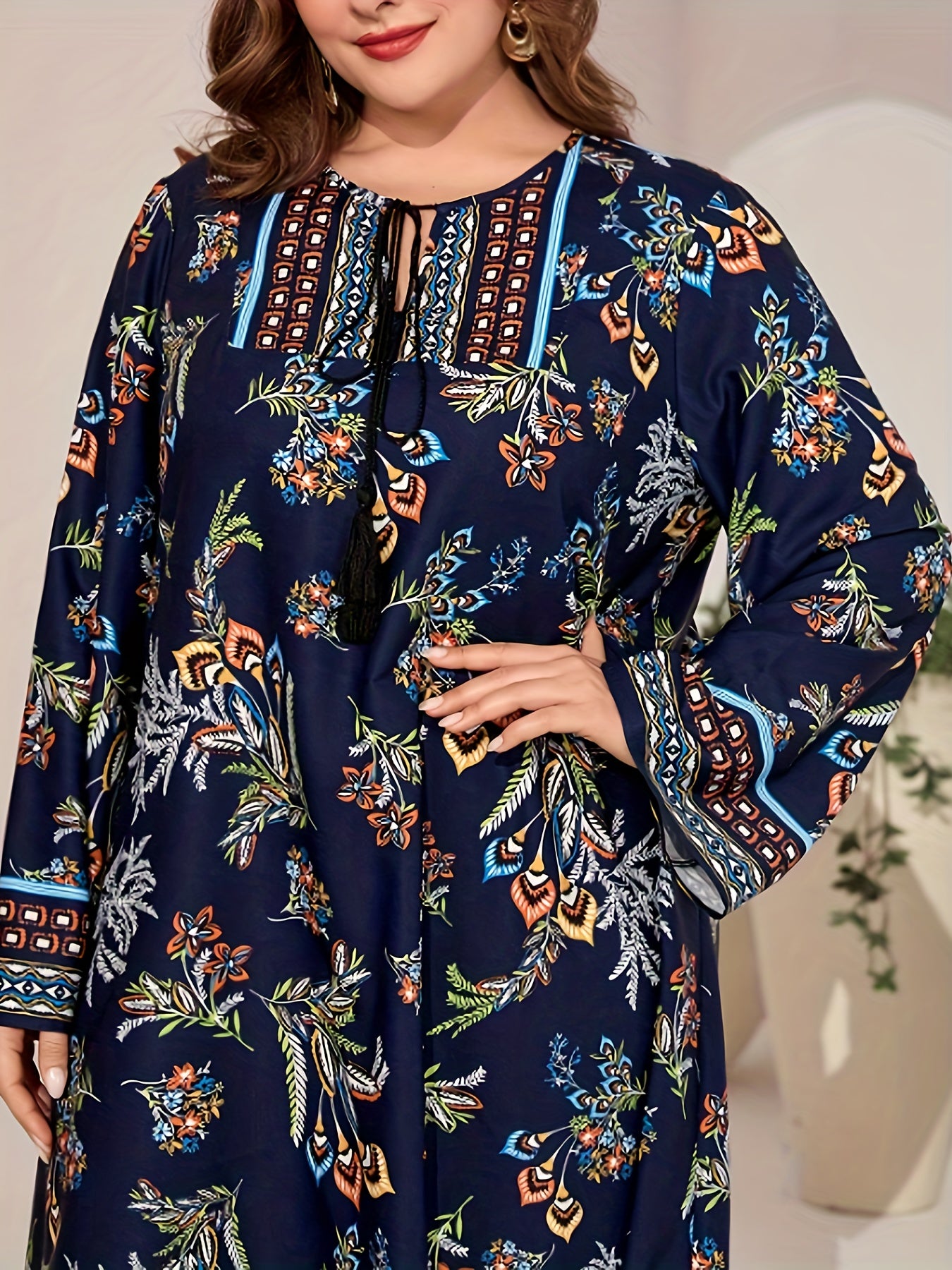 Border Floral Print Abaya Dress Fringe Tie Neck Maxi Jalabiya Dress