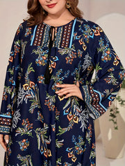 Border Floral Print Abaya Dress Fringe Tie Neck Maxi Jalabiya Dress
