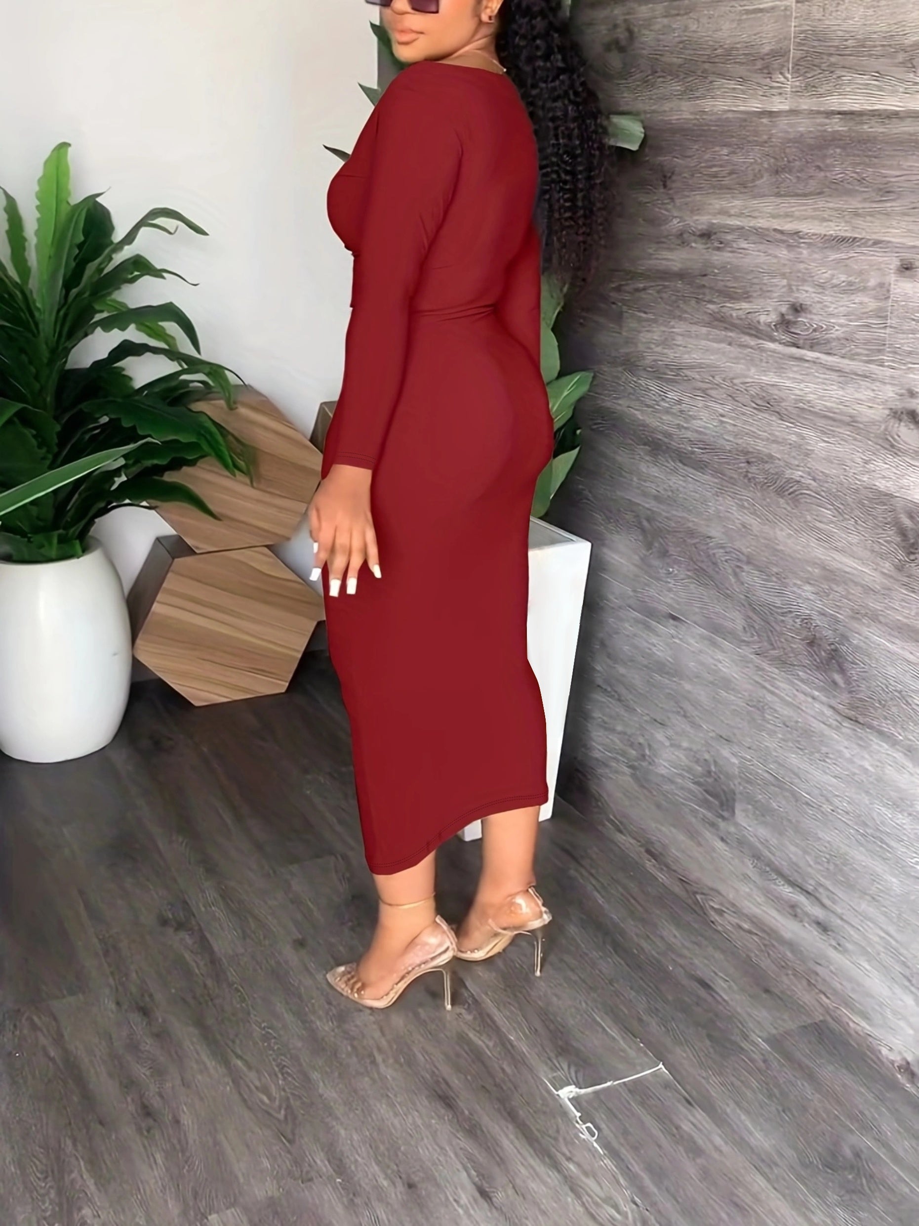 Solid Long Sleeve Cowl Neck Maxi Dress