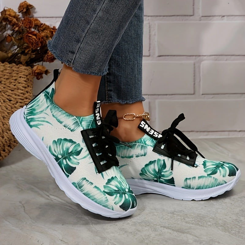 Women's Green Leaves Pattern Running Shoes Soft Mesh Breathable Lace Up Sneakers