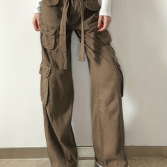 Grey Cargo Pants High Rise Wide Leg Loose Fit