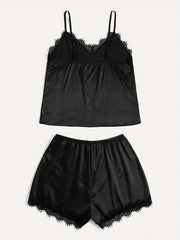 Lace Trim Pajama Set V Neck Cami Top & Shorts