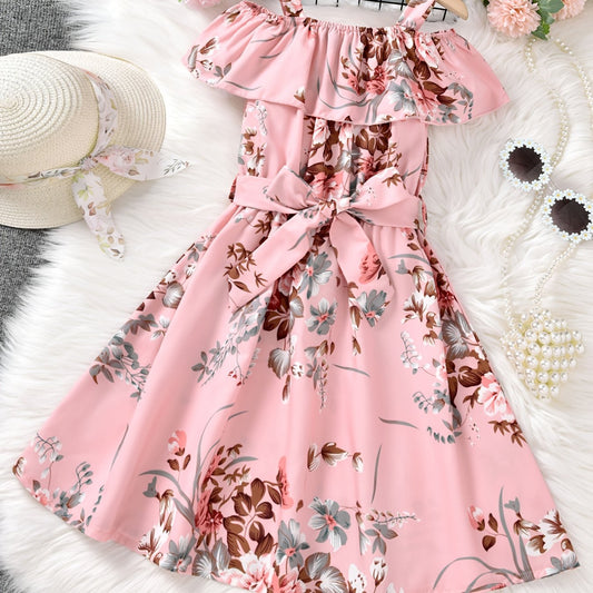 Girls Off Shoulder Ruffle Trim Flowers Print Belted Princess Dress