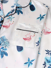 Flamingo Print Pajama Set Long Sleeve Buttons Top & Elastic Waistband Pants