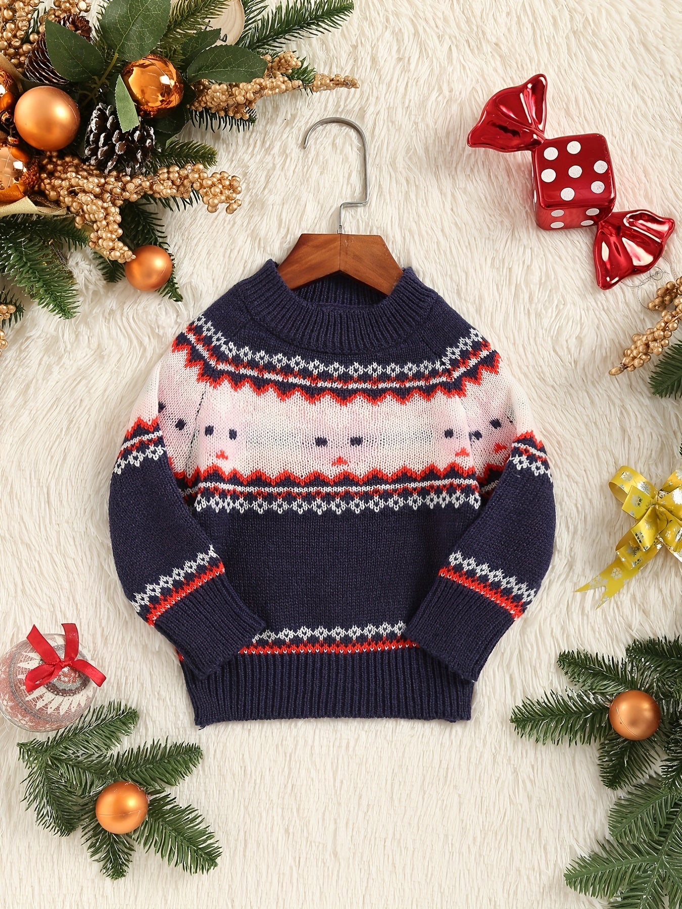 Kids Jacquard Long Sleeve Round Neck Knit Pullover Sweater