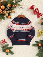 Kids Jacquard Long Sleeve Round Neck Knit Pullover Sweater