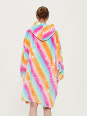 Flannel Hooded Robe Women's Rainbow Striped Warm Nightgown