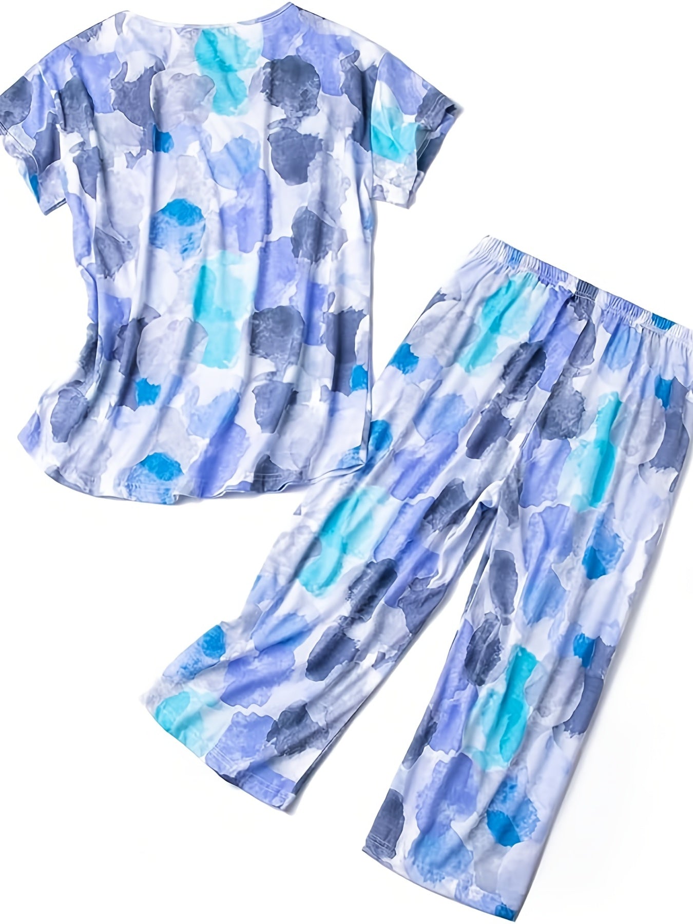 Colorblock Print Pajama Set V Neck Short Sleeve Top & Pants